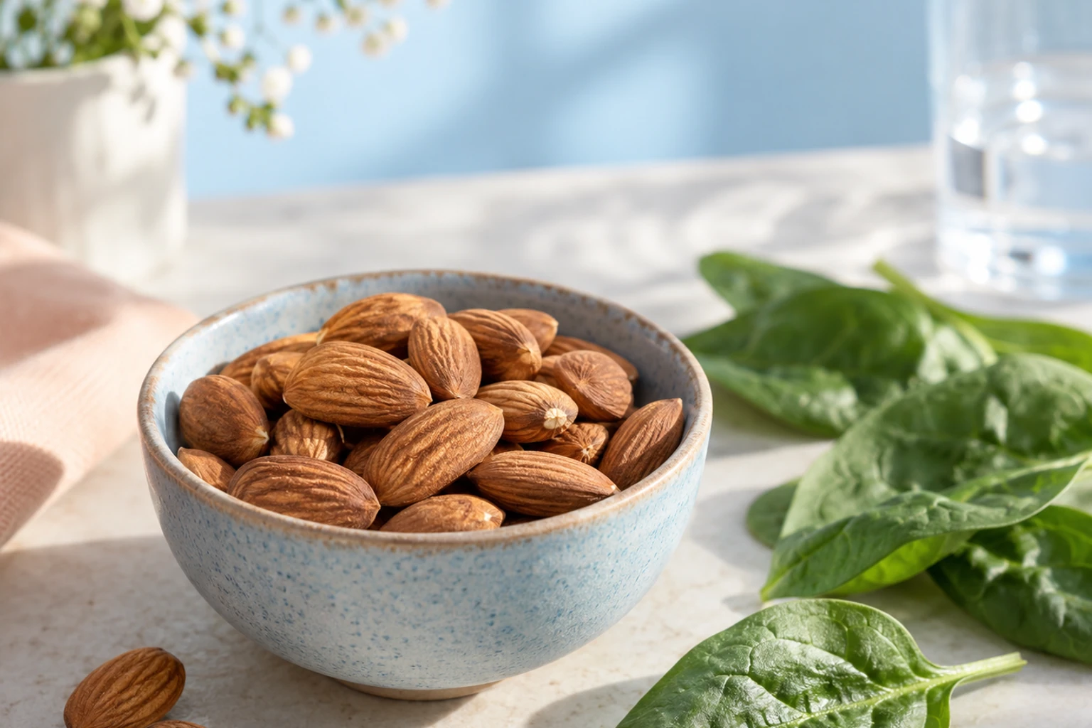 Bol de graines d'amandes sur table, feuilles d'épinard fraîches à côté, lumière naturelle