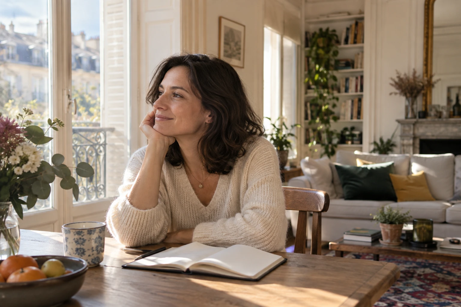 Femme souriante regardant par la fenêtre, carnet ouvert sur table ensoleillée