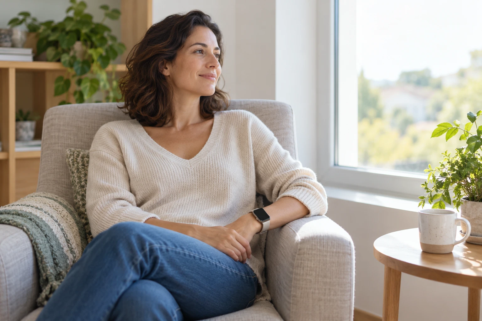 Femme détendue assise dans un fauteuil, regardant par la fenêtre, montre connectée visible
