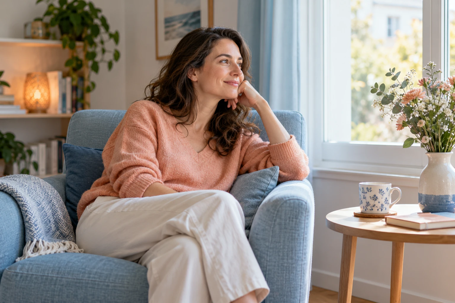Femme détendue assise sur un fauteuil près d'une fenêtre, tasse et fleurs sur table