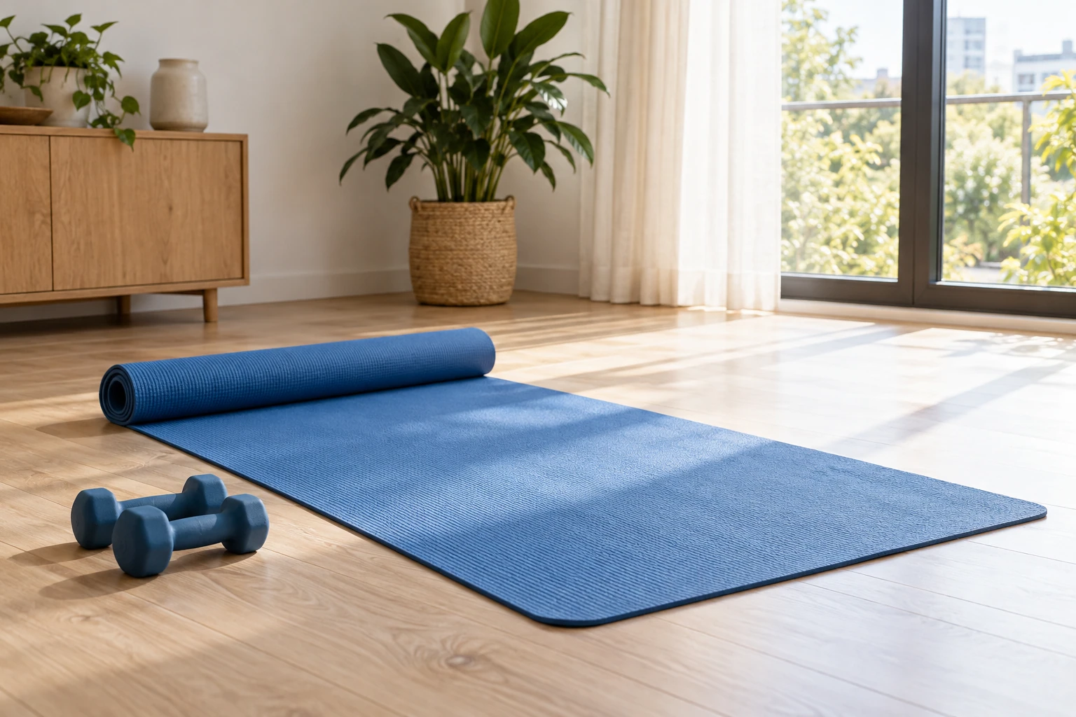Tapis de fitness bleu déroulé près d'une paire d'haltères légères dans un salon