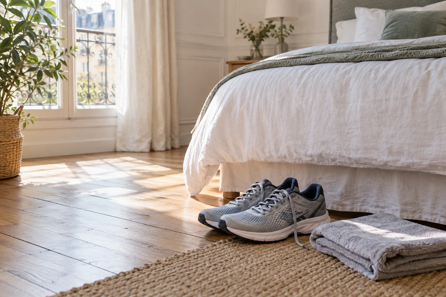 Chaussures de running posées près d’un lit éclairé, serviette pliée à côté
